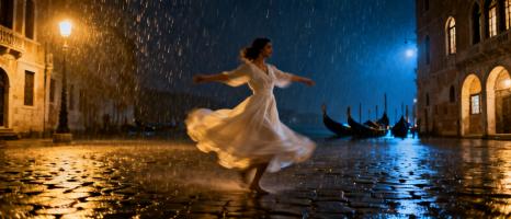 woman dancing in venice rain night sky