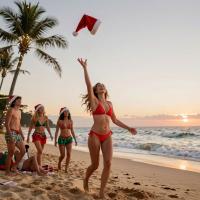 Photo of a joyful woman in a red bikini, standing on a sunlit Australian beach. Her face beams with excitement as she