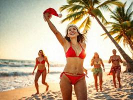 Photo of a joyful woman in a red bikini, standing on a sunlit Australian beach. Her face beams with excitement as she