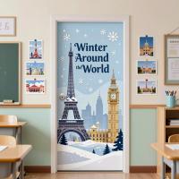 High-end elementary school classroom door decorated with a ‘Winter Around the World’ theme, snowy illustrations of